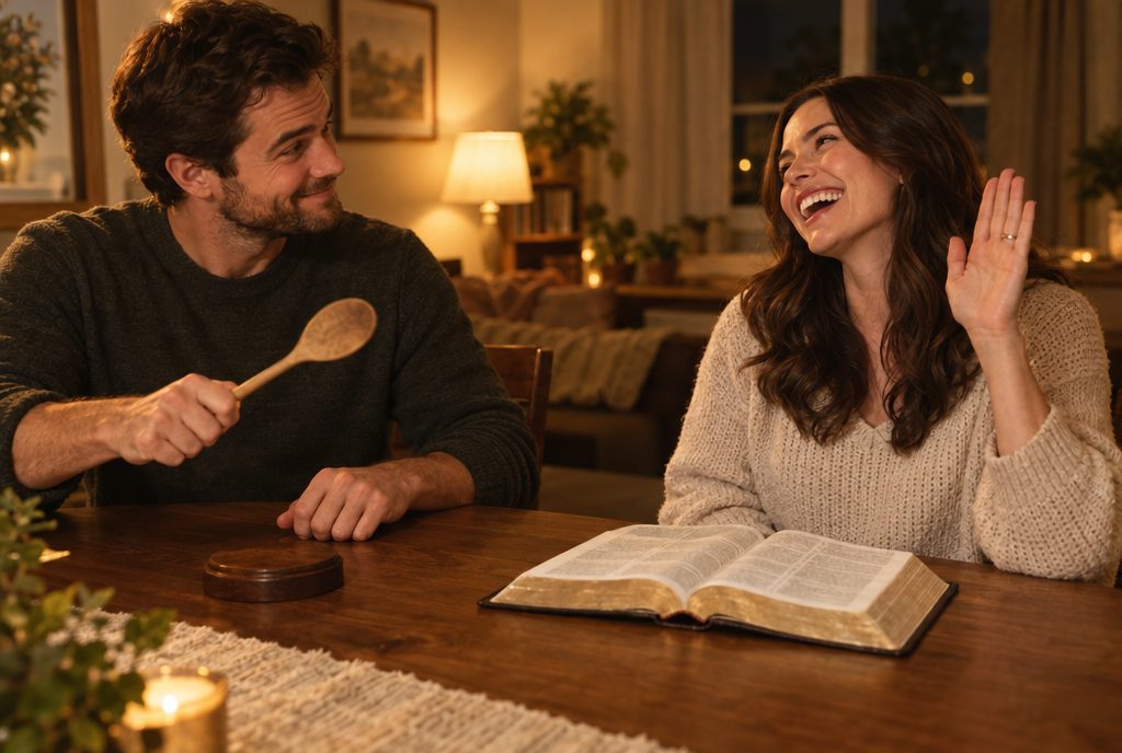 A husband holding a wooden spoon like a judge’s gavel while his wife laughs, an open Bible on the table