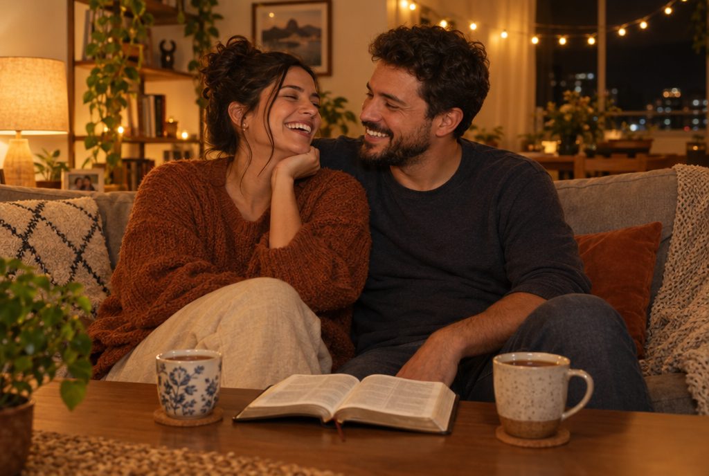 A married couple laughing together on the couch, an open Bible on the coffee table